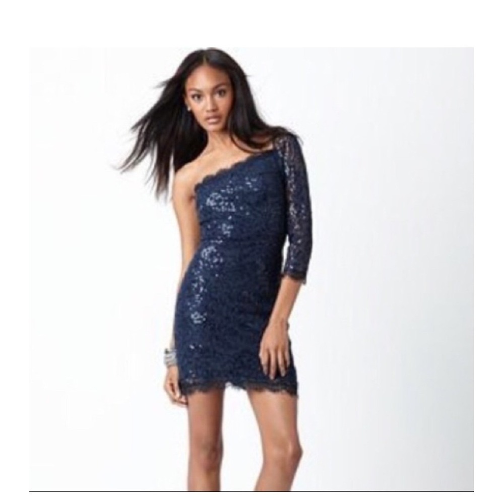 Jessica Simpson Navy Blue Lace Sequin One Shoulder Mini Dress Size 10 Cocktail